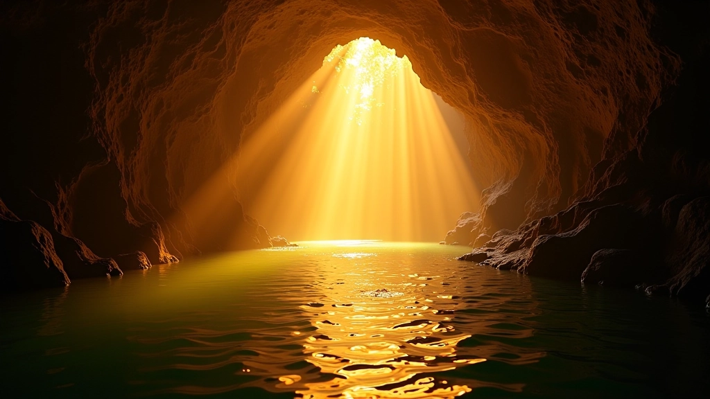 Atardecer dentro de la caverna con luz dorada, río subterráneo reflejando luz, sombras dramáticas en las paredes de roca