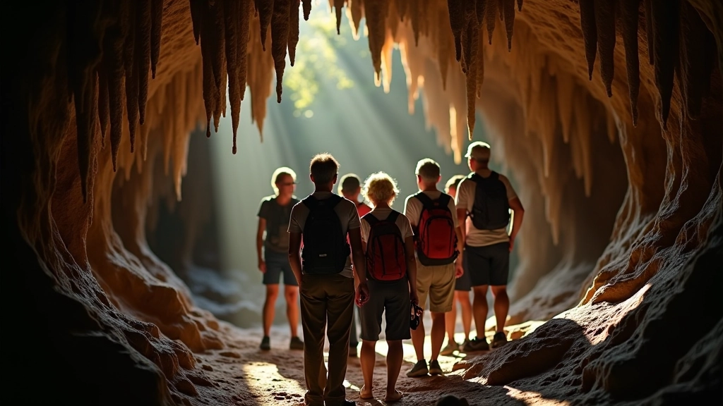 Grupo de personas mayores dentro de la caverna, iluminadas, sonriendo, mirando las formaciones de roca, ambiente de exploración