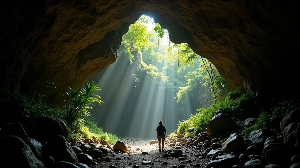 Entrada principal de la cueva del Río Camuy con luz natural entrando desde arriba, roca caliza, vegetación tropical alrededor