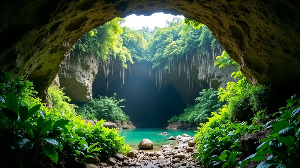 Vista panorámica de las cuevas del Río Camuy con mogotes de piedra caliza y vegetación tropical exuberante