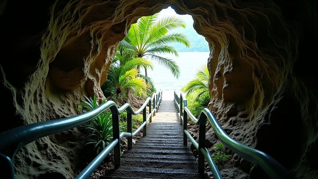 Entrada de la caverna con escaleras metálicas bajando hacia el interior, barandillas de seguridad, luz natural desde arriba, cielo visible