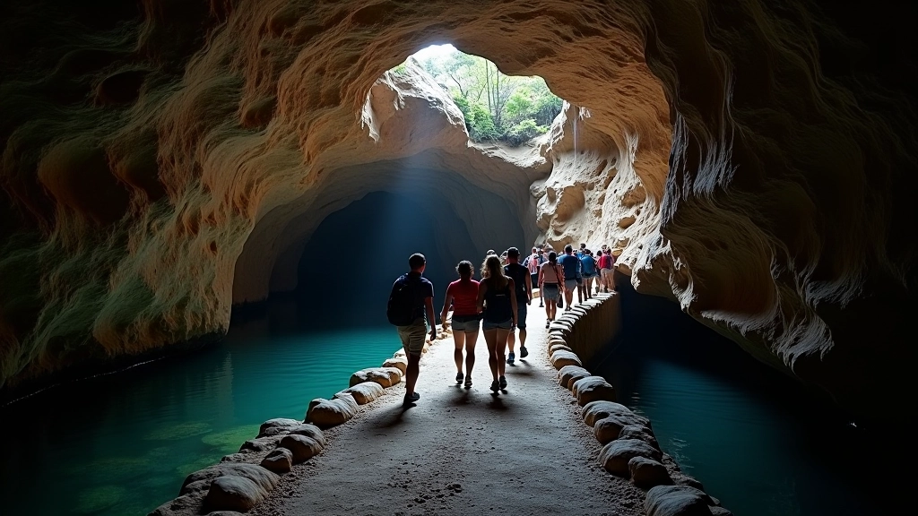 Interior de la caverna con iluminación tenue, formaciones de piedra caliza blancas, río subterráneo oscuro, visitantes en el sendero seguro