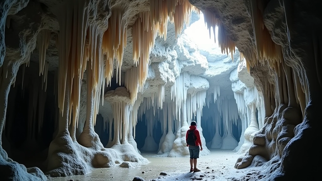 Formación de estalactitas y estalagmitas en piedra caliza blanca dentro de la caverna subterránea, iluminación tenue, detalles cristalinos
