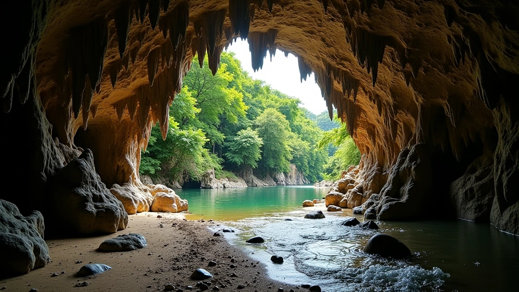 Vista panorámica de las cavernas del Río Camuy con formaciones de roca y entrada a la cueva iluminada por luz natural