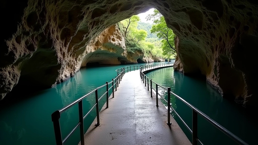 Sendero plano del Río Tranquilo con pasamanos metálicos a ambos lados, iluminación natural, agua subterránea visible