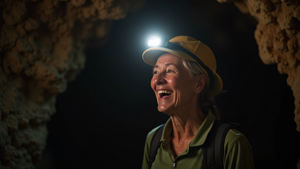 Jubilada sonriendo dentro de la cueva subterránea, luz de linterna iluminando su rostro, ambiente subterráneo rocoso