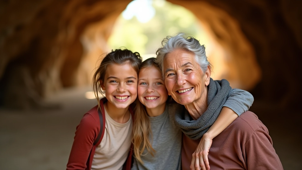 Abuela con nietos en la entrada de la cueva, sonriendo juntos, luz natural, ambiente familiar, felicidad genuina